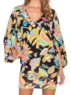 Trina Turk Tahitian Floral Feathery Jersey Mini Dress Cover Up V-Neck